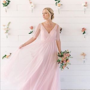 Revelry Thea in Blush 320 Pink Tulle Bridesmaid Dress With Sleeves